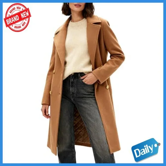 Long Double-Breasted Trench Coat, Polyester, Notch Lapel, Knee-Length Overcoat - Picture 2 of 7